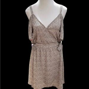 SIENNA SKY Faux Wrap Dress  Chiffon Drop Shoulder S Tan Black Summer Relaxed